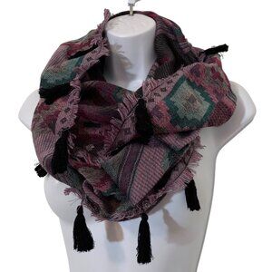 Boho/Indian-Style Woven Geometric Design Infinity Scarf w/ Tassels